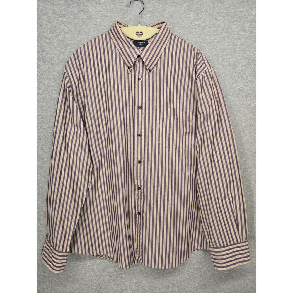 Dockers Stain Defender Mens XL Purple Tan Striped Button Down Shirt Long Sleeve